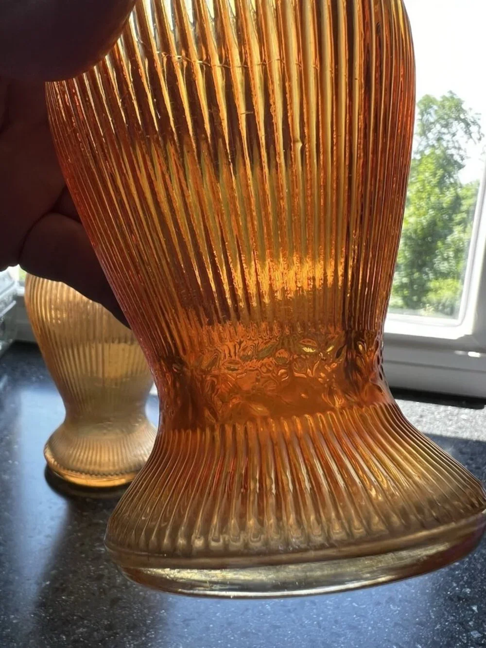 c1928 Pair/2 Jeanette Prism & Daisy Band Floral Ribbed Iridescent Glass 6